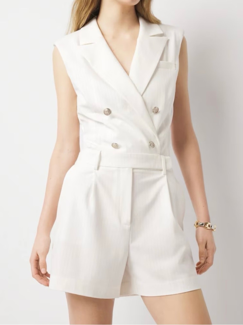 White House Black Market White Pinstripe Sleeveless Belted Romper Size 8